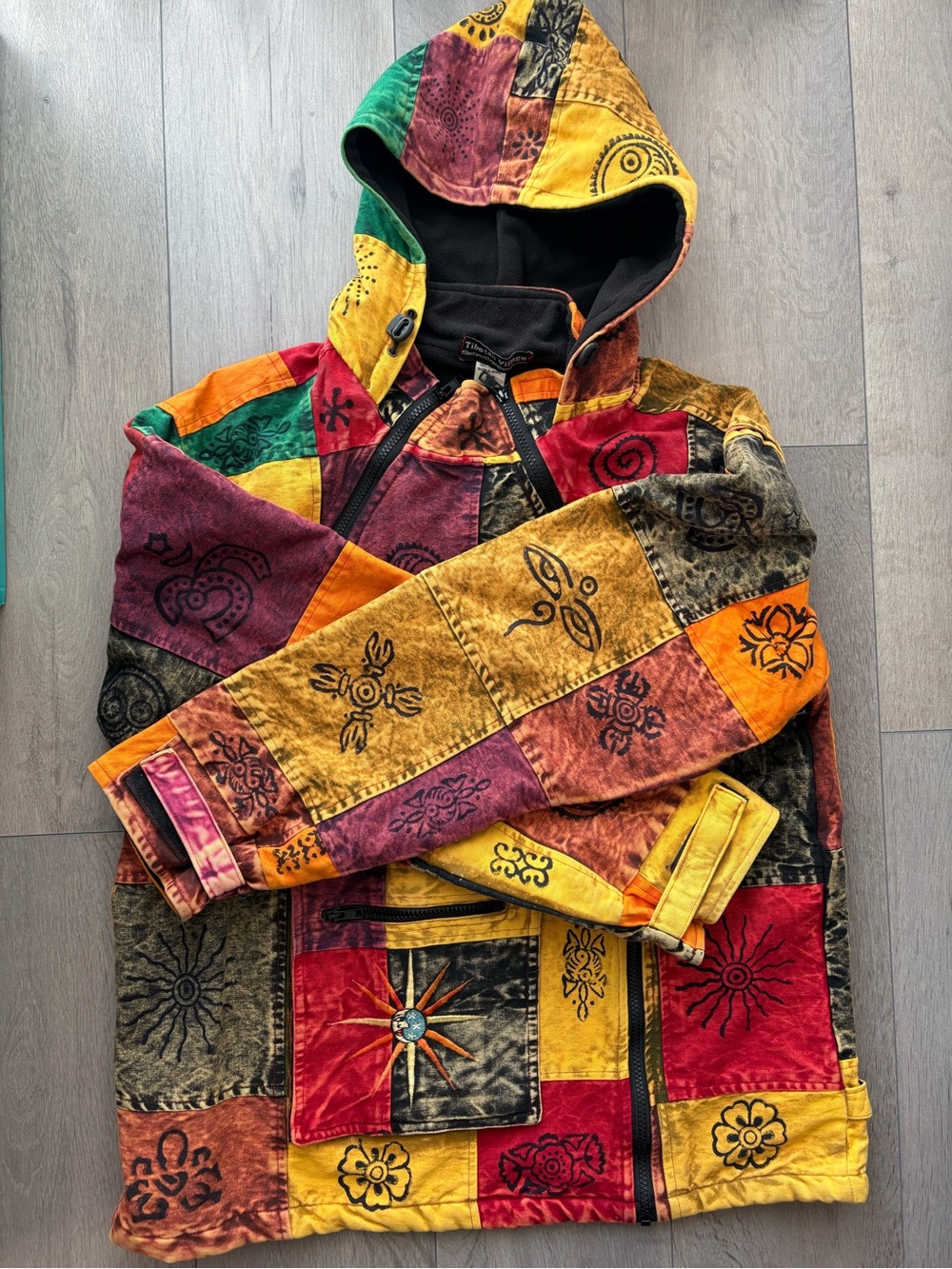 Vintage Patchwork Hippie Hooded Winter Jacket Made in Nepal Size XL 100% Cotton